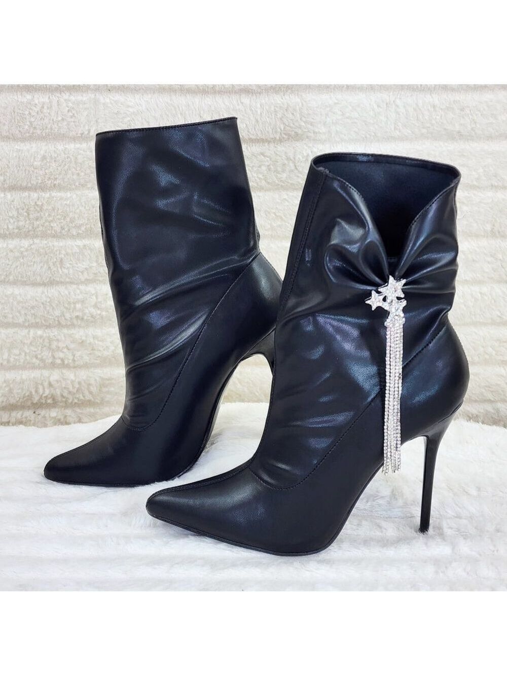Sherry Black Pull on Drape Rhinestone Pendent High Heel Ankle Boots